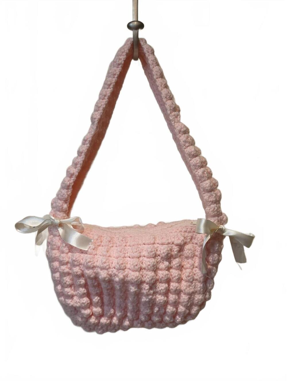 Handmade Crochet Bubble Shoulder Purse In Soft Baby Pink